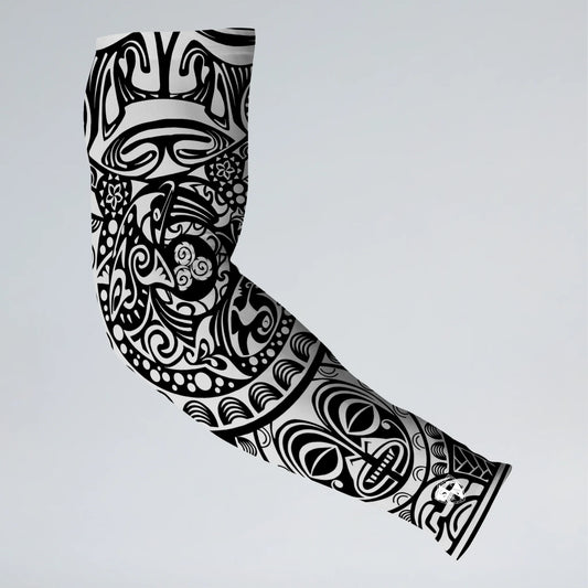 Black and white tattoo-style arm sleeve on a light gray background