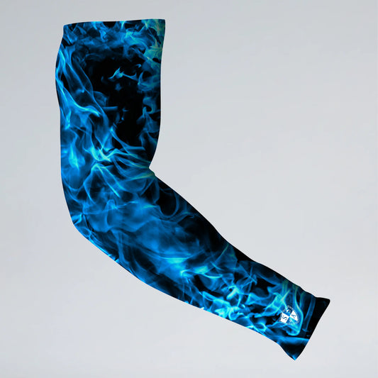 Blue flame-patterned arm sleeve on a gray background