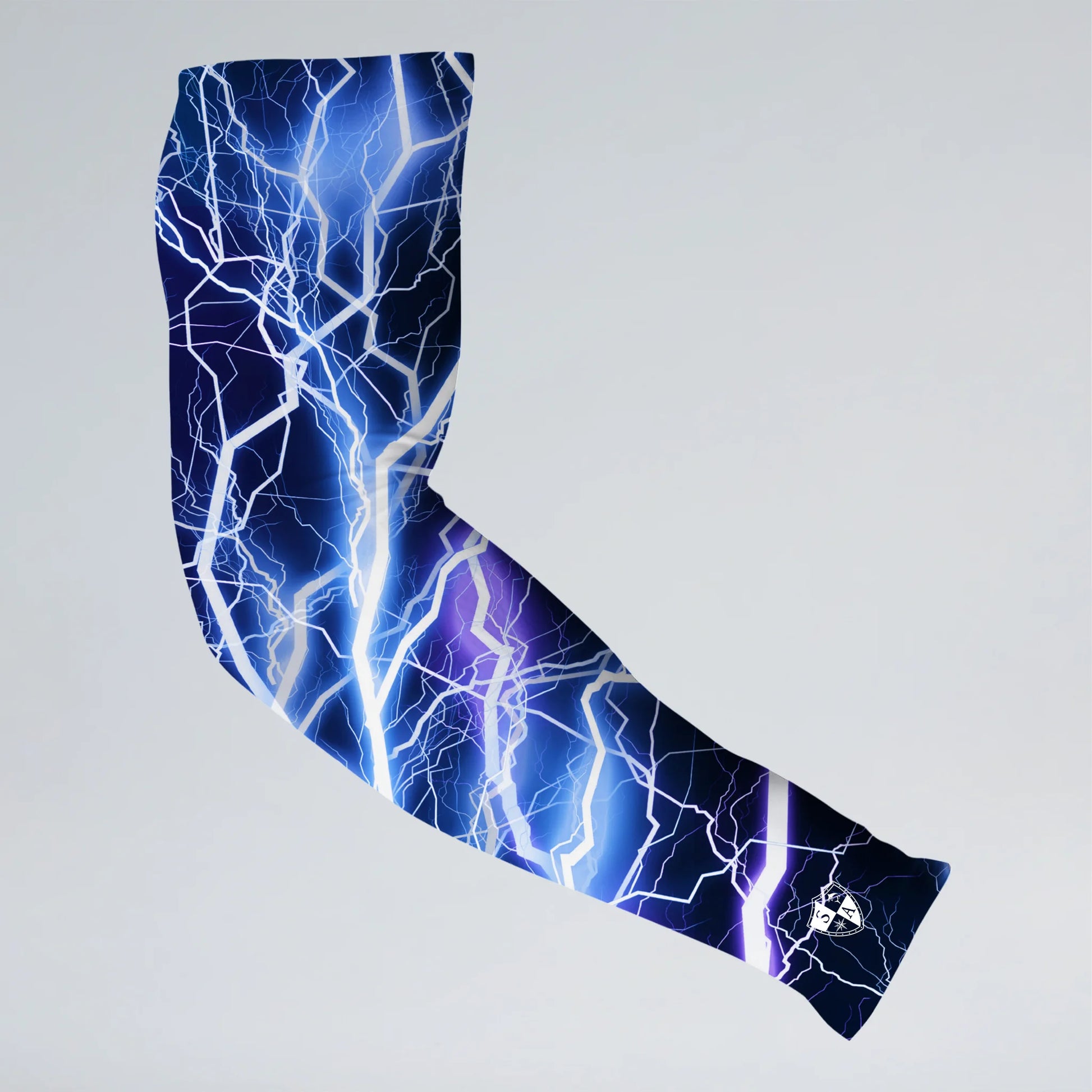 Arm sleeve with blue and white lightning pattern on a gray background