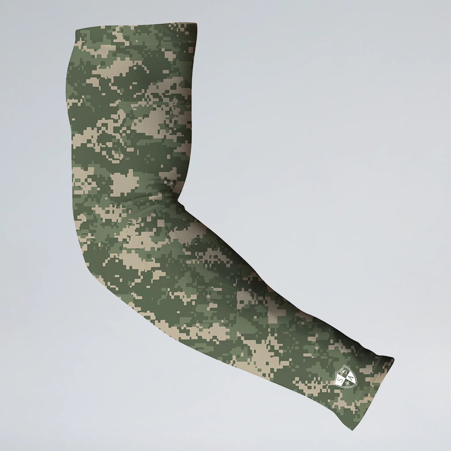 Camouflage-patterned arm sleeve on a light gray background