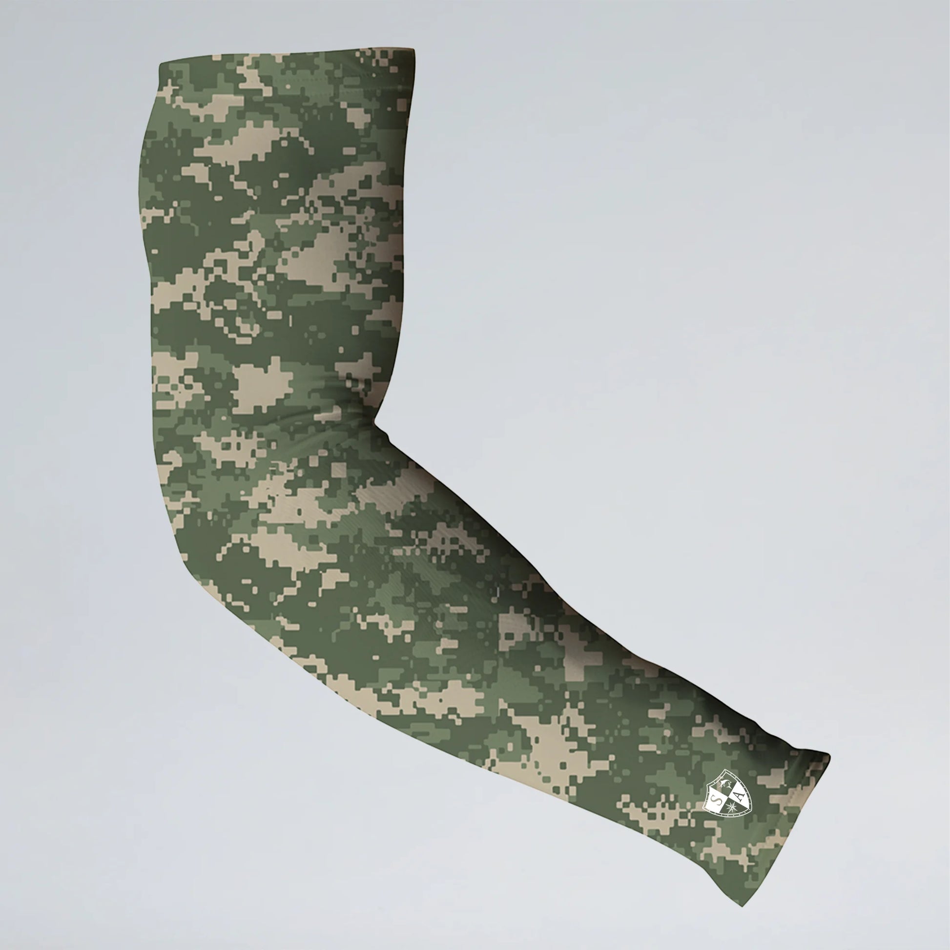 Camouflage-patterned arm sleeve on a light gray background