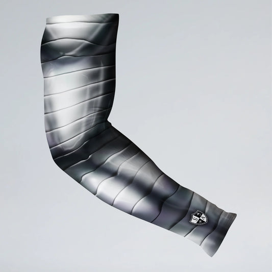 Silver and black patterned arm sleeve on a light gray background