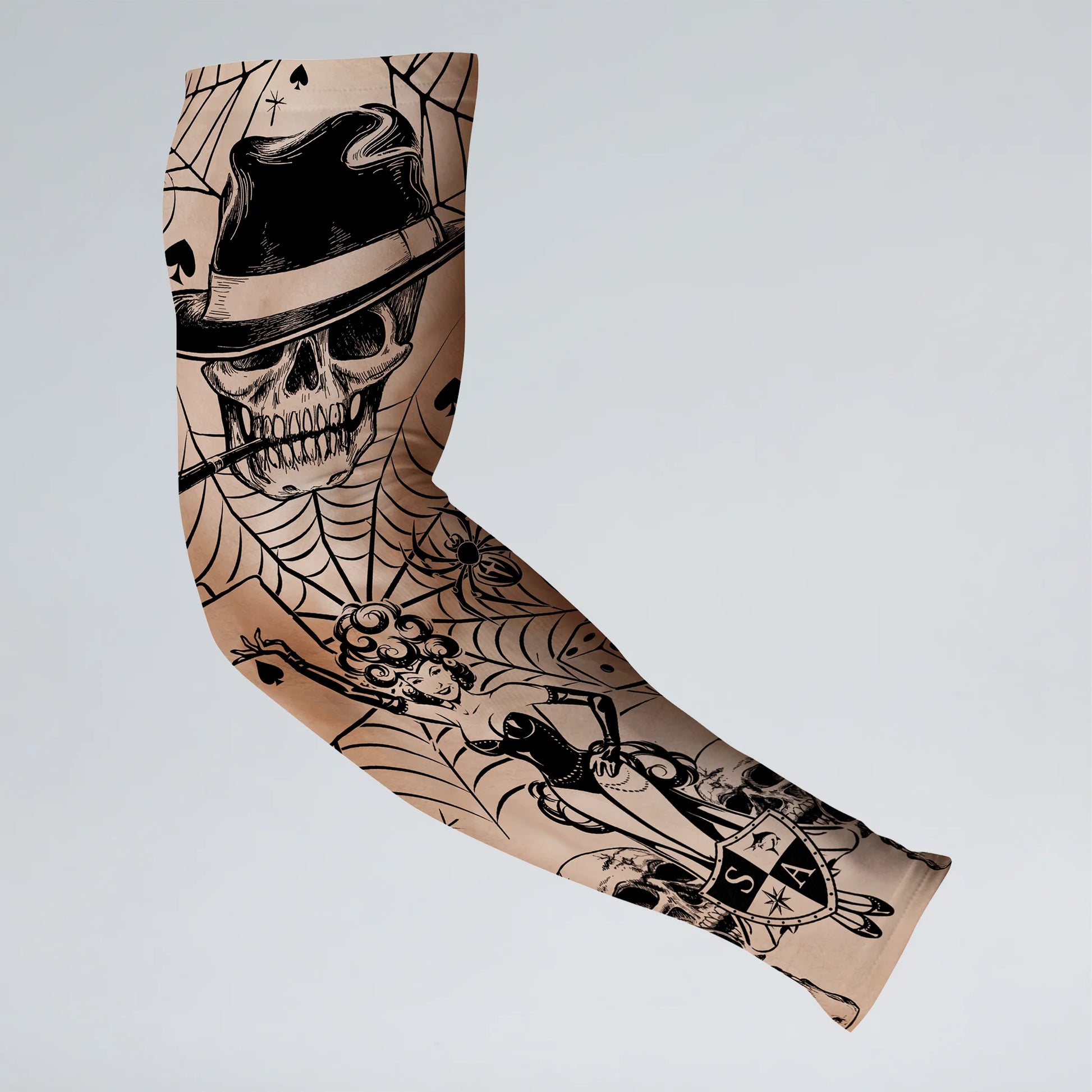 Tattoo sleeve with skull and hat design on a beige background