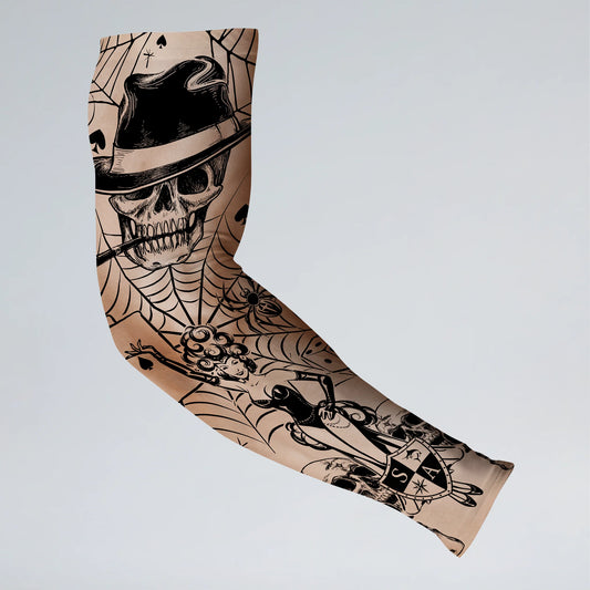 Tattoo sleeve with skull and hat design on a beige background