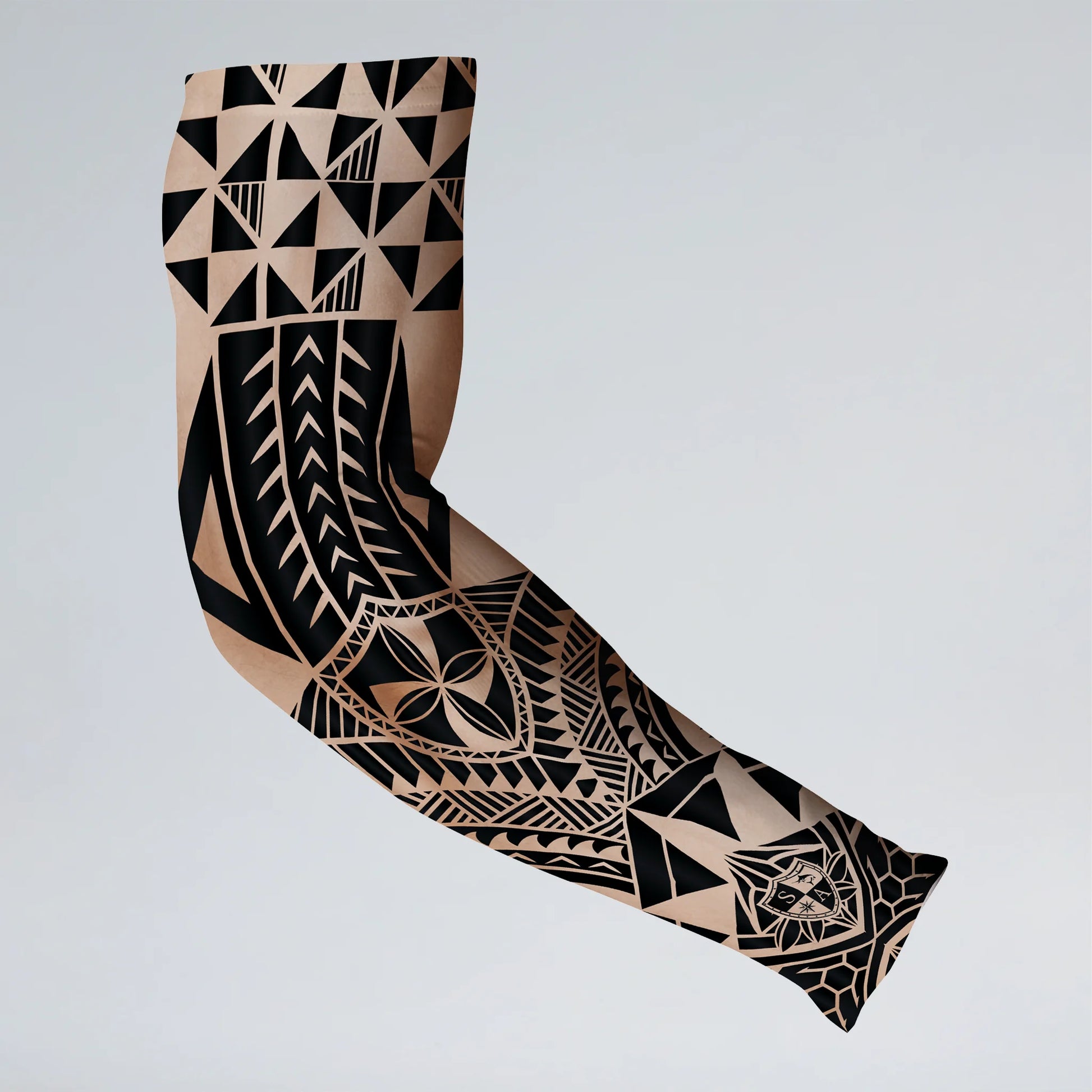 Black geometric tattoo design on a beige background