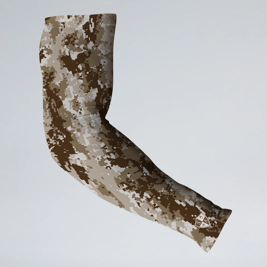 Camouflage-patterned arm sleeve on a light gray background