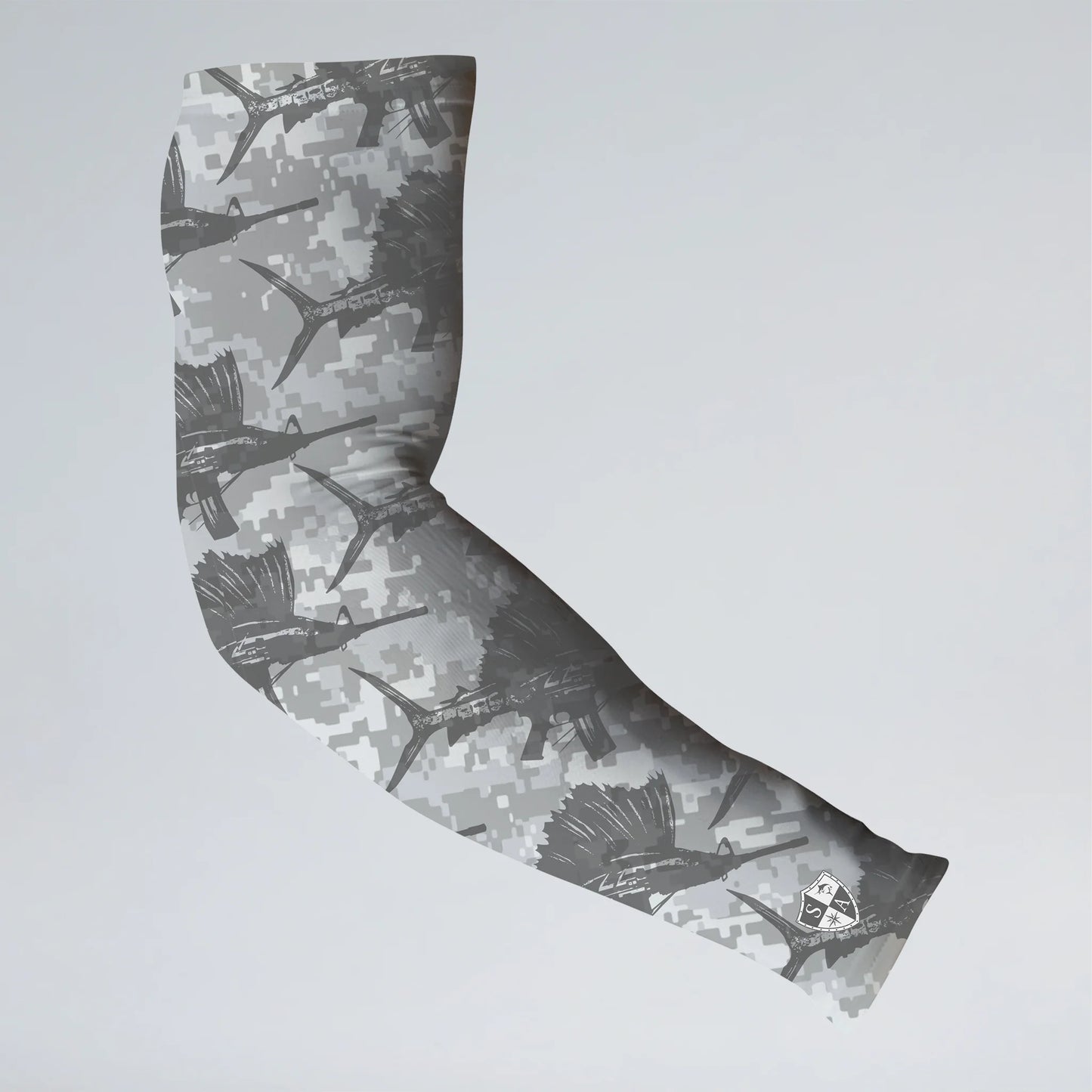 Camouflage-patterned arm sleeve on a light gray background