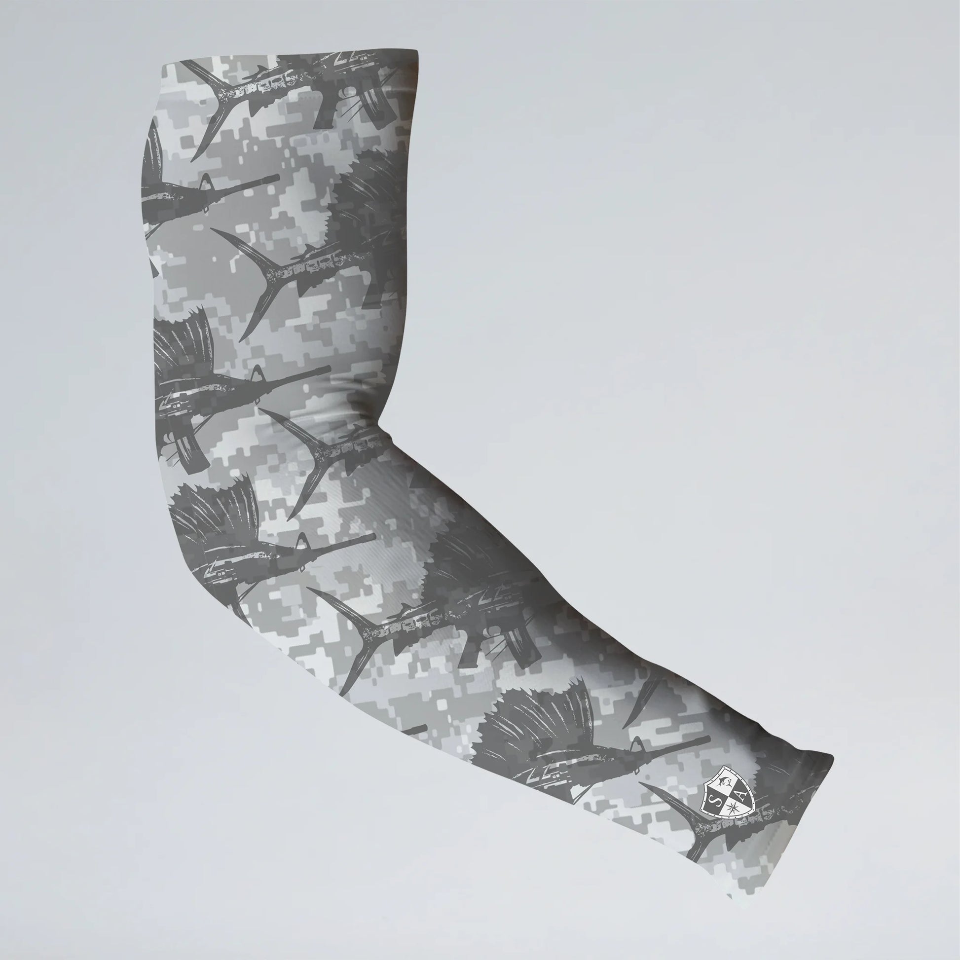 Camouflage-patterned arm sleeve on a light gray background