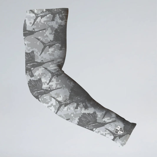 Camouflage-patterned arm sleeve on a light gray background