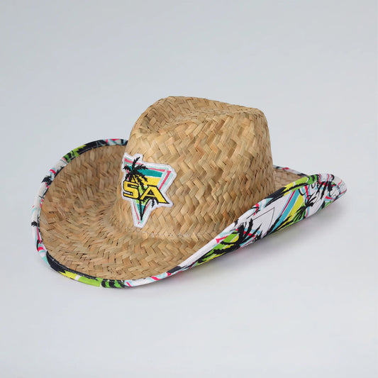 Straw hat with colorful band and logo on a light gray background
