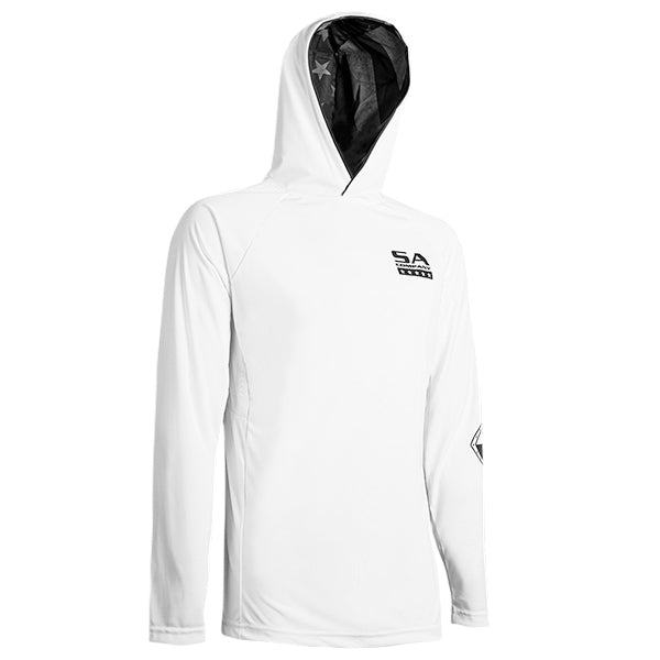 Hooded Performance Long Sleeve Shirt | White | Inner Hood American Flag