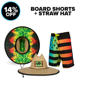 BOARD SHORT + STRAW HAT: undefined